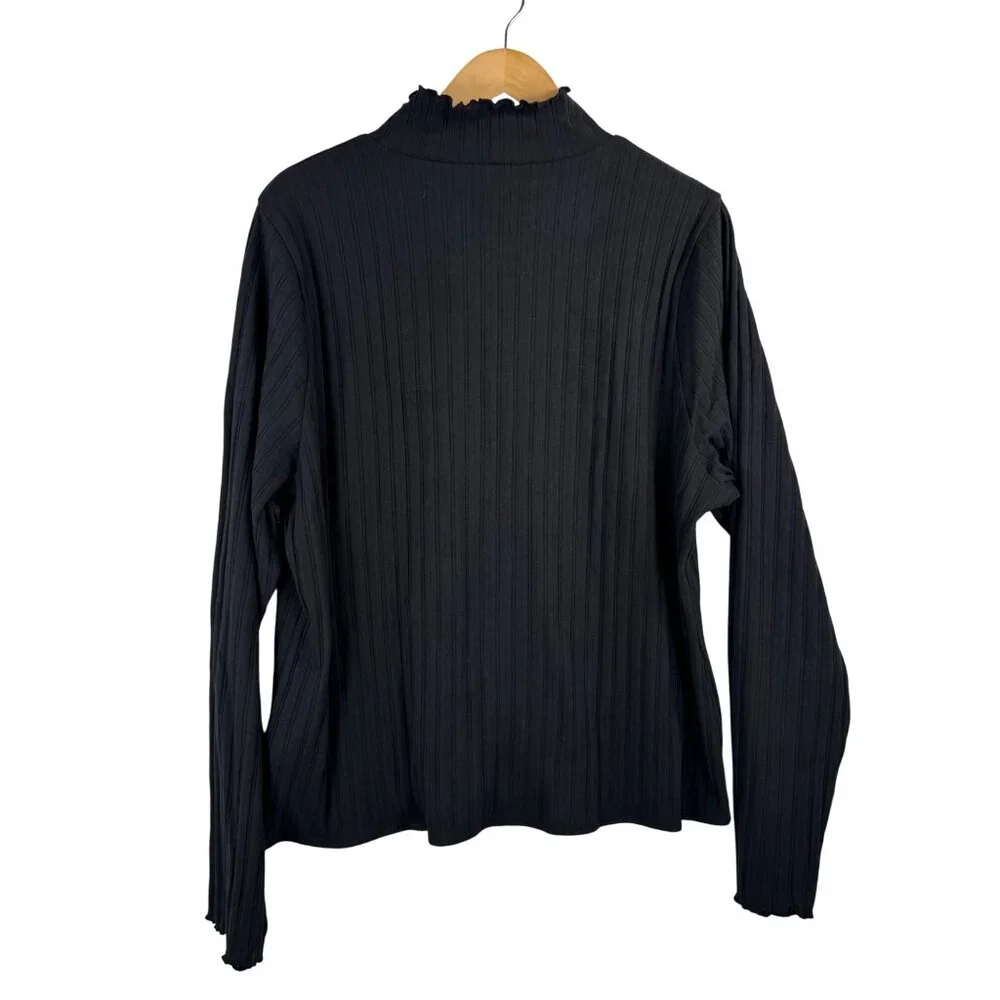 J.Crew Pointelle knit turtleneck top preppy ruffle black ribbed‎ preppy sz 3X